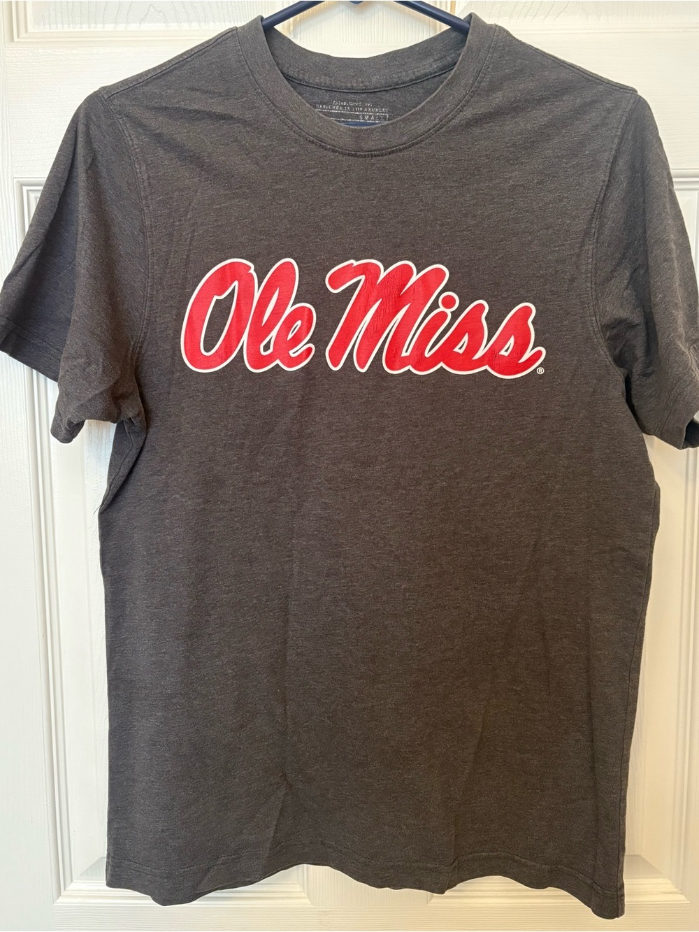 Ole Miss Logo Tee in Charcoal with Red Script